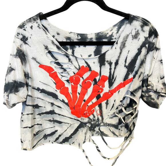 Black + White Tie Dye Skeleton Hang Ten Distressed Graphic Tee Medium - Picture 1 of 2